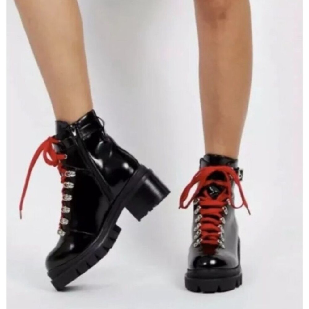 Jeffrey Campbell Black Patent Red Laces Czech Combat Boots US 6